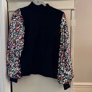 Flying Tomato Black Sweater with Multicolor Sequin Sleeves